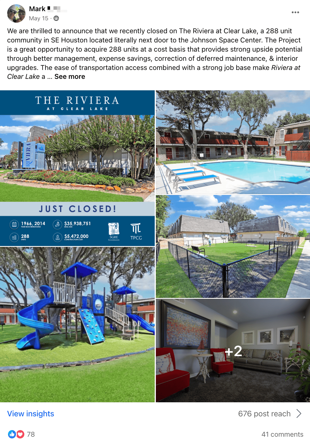 Mark: The Riviera at Clear Lake 288-unit closing announcement