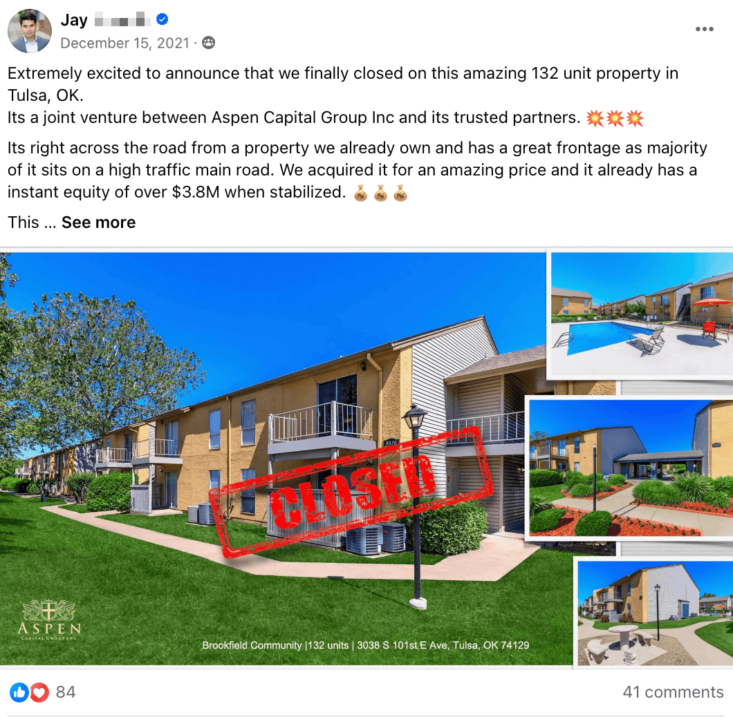 Jay: closed 132-unit property in Tulsa with instant equity