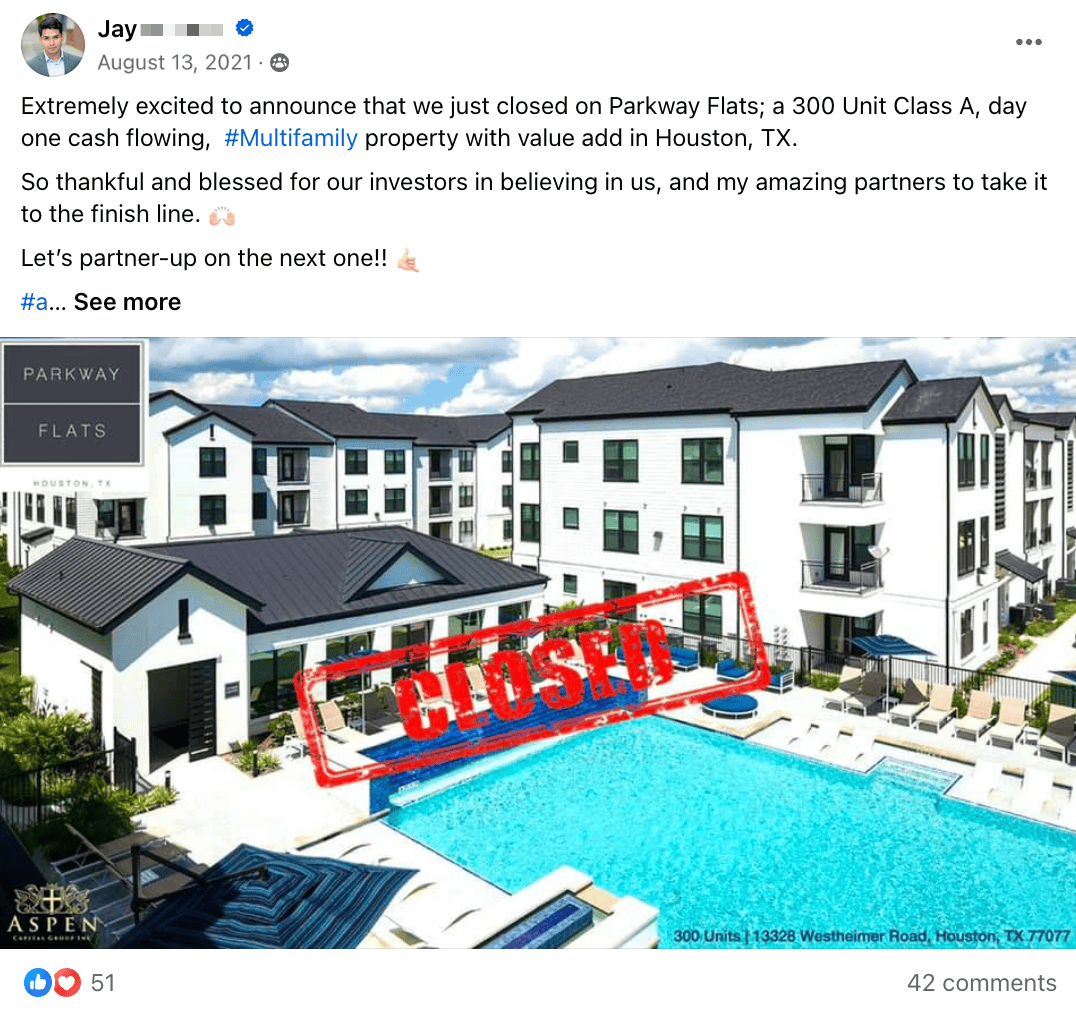 Jay: Parkway Flats 300-unit Class A property closed in Houston