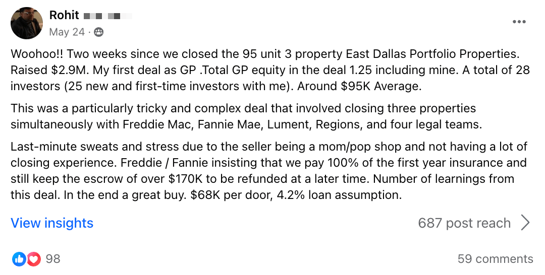 Rohit: 95-unit East Dallas portfolio, 2.9M raised, three-property close