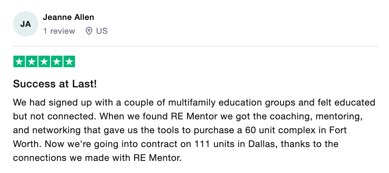 Review by Jeanne Allen: 60-unit purchase and 111 units in Dallas thanks to RE Mentor connections
