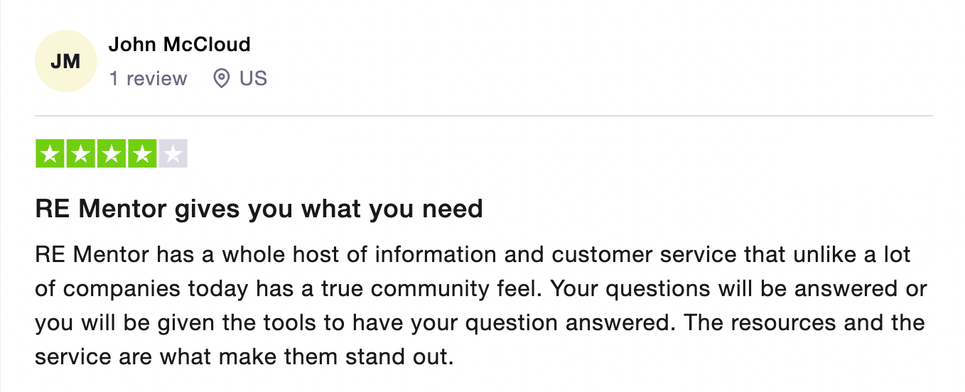 Review by John McCloud: community feel and standout service at RE Mentor